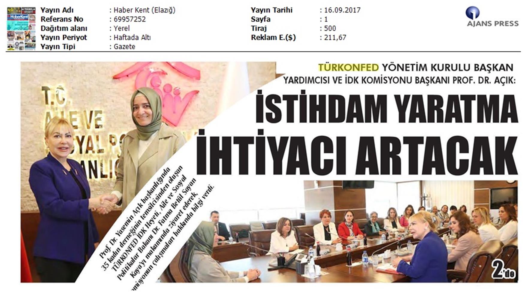 TÜRKONFED İDK Komisyonu Aile Bakani Ziyareti Medya Yansimalari 15 17 Eylul 2017 - 8