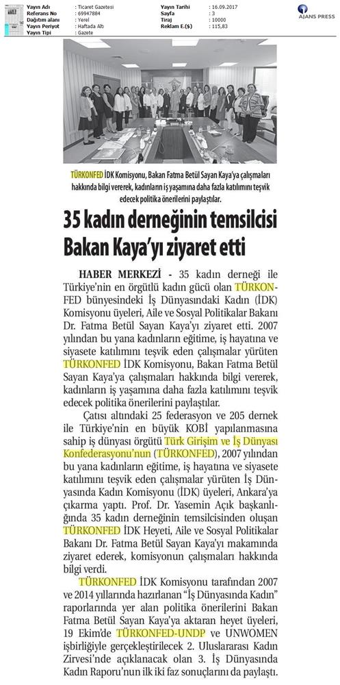 TÜRKONFED İDK Komisyonu Aile Bakani Ziyareti Medya Yansimalari 15 17 Eylul 2017 - 13