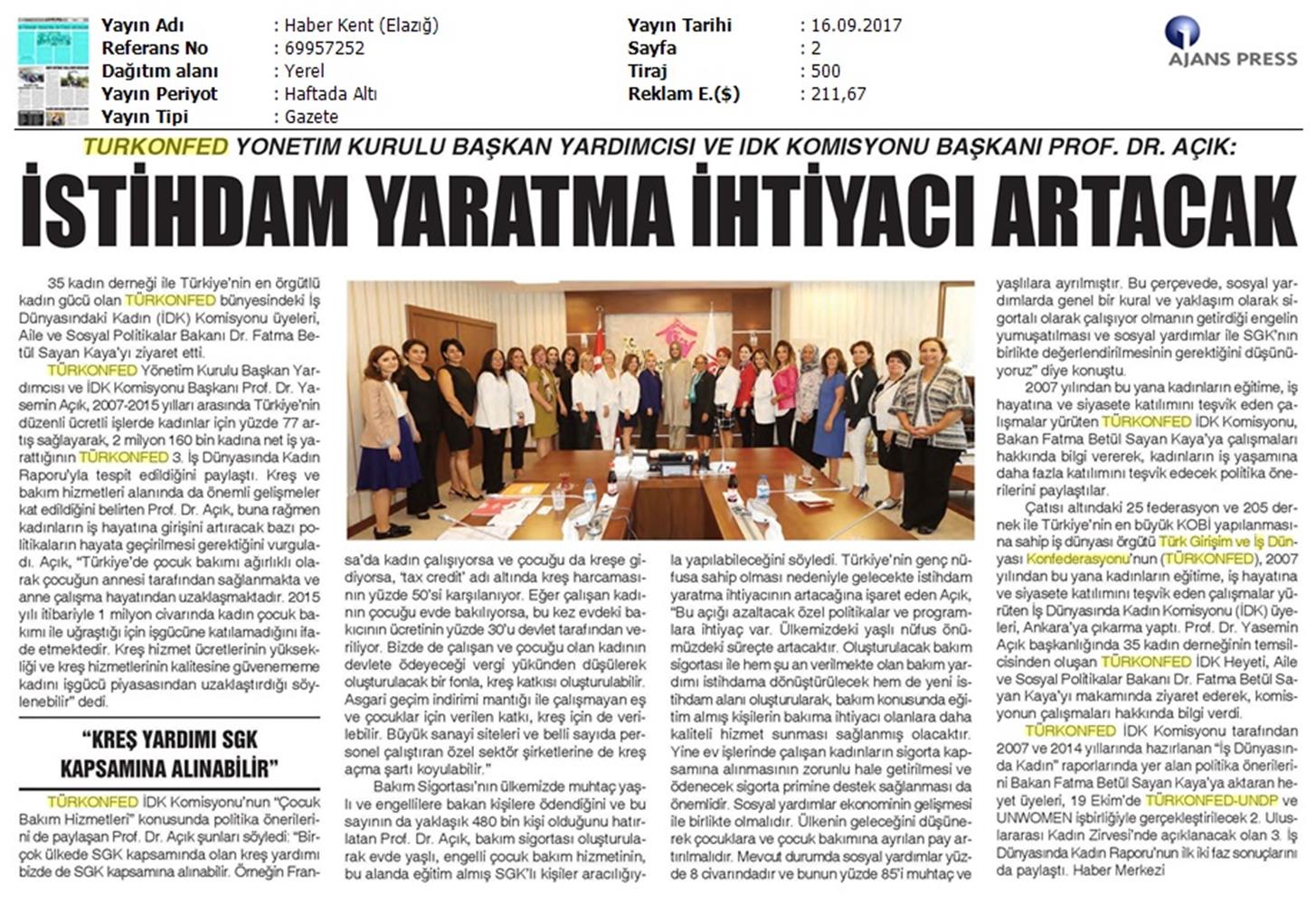 TÜRKONFED İDK Komisyonu Aile Bakani Ziyareti Medya Yansimalari 15 17 Eylul 2017 - 19