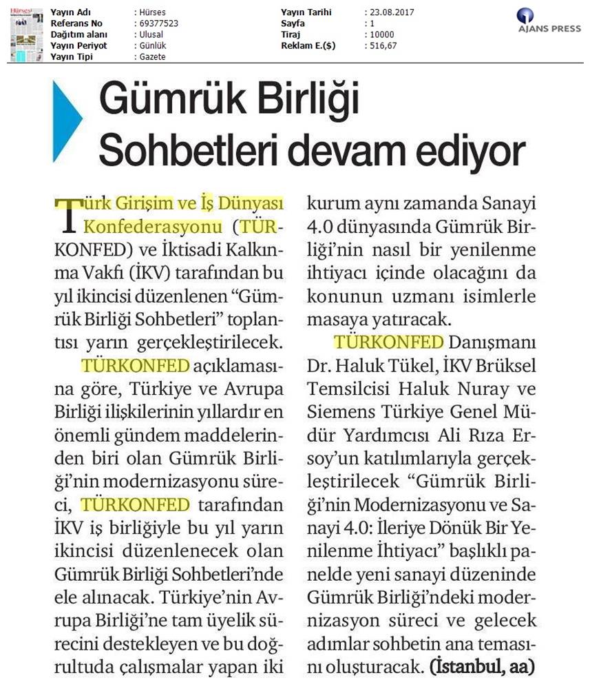 TÜRKONFED Ikv Gumruk Birligi Sohbetleri Medya Yansimalari 24 Agustos 2017 Istanbul - 3