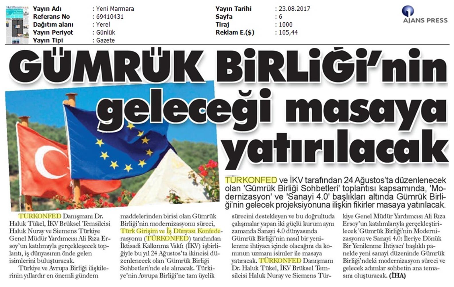 TÜRKONFED Ikv Gumruk Birligi Sohbetleri Medya Yansimalari 24 Agustos 2017 Istanbul - 20