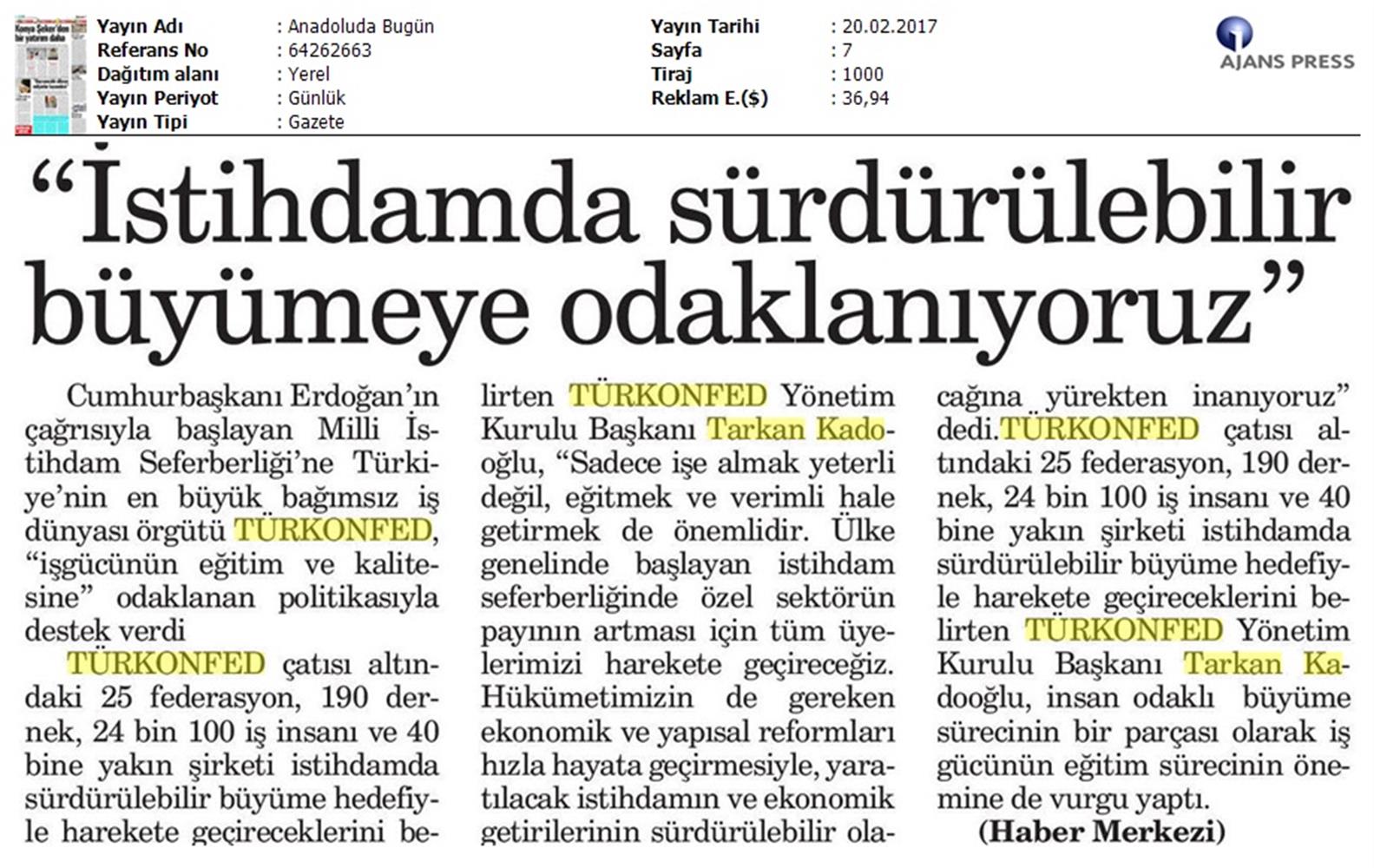 TÜRKONFED Istihdamda Surdurulebilir Buyumeye Odaklaniyoruz Basin Yansimalari 20 Subat 2017 - 7