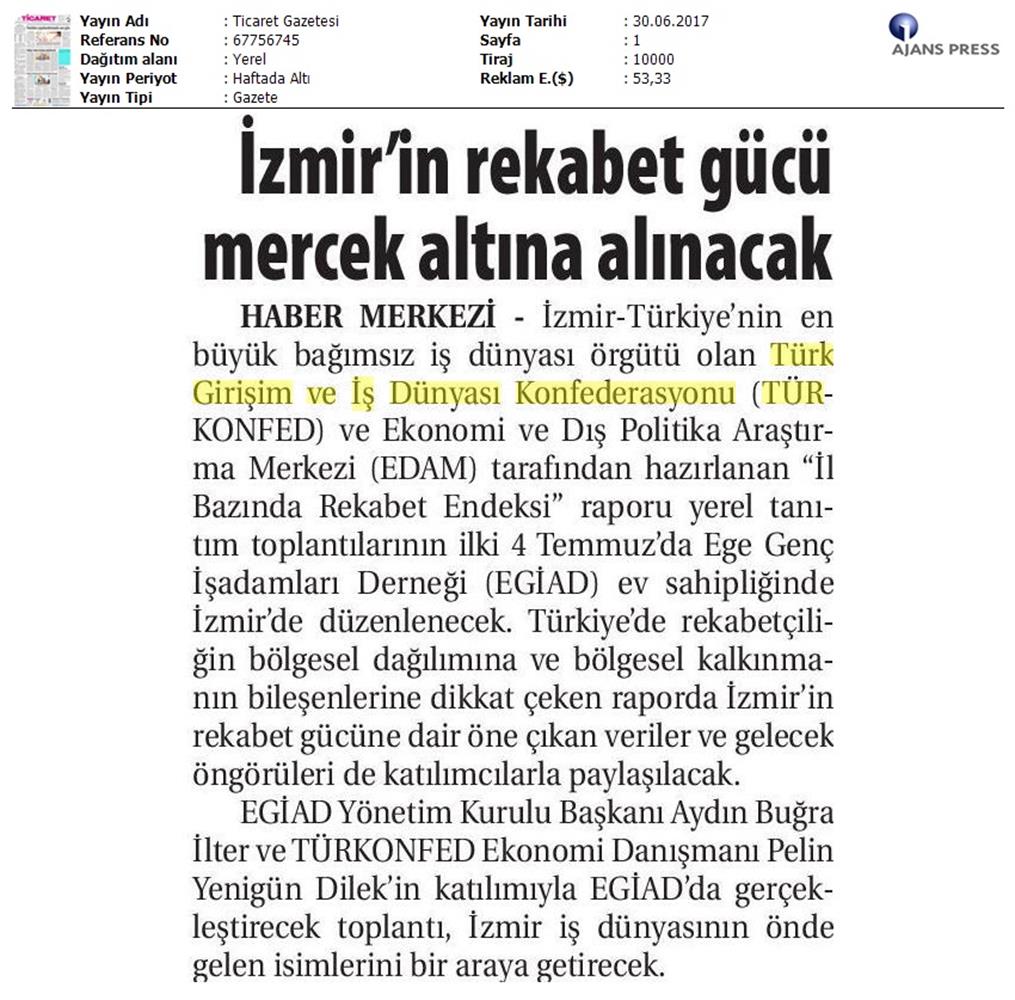 TÜRKONFED Izmir Rekabet Endeksi Toplantısı On Basin Yansimalari 30 Haziran 2017 - 5