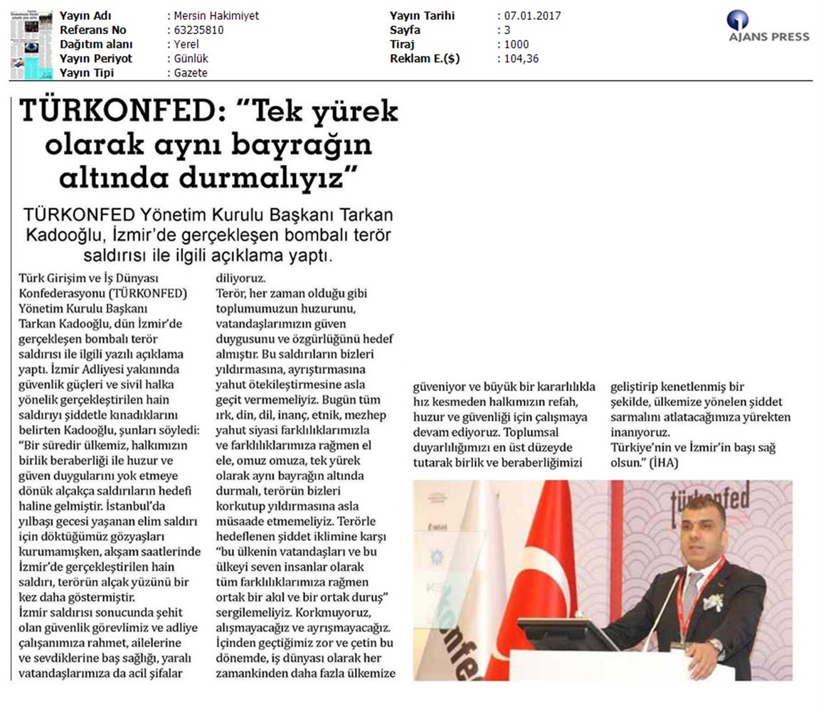 TÜRKONFED Izmir Teror Saldirisi Kinama Mesaji Medya Yansimalari 07012017 - 2