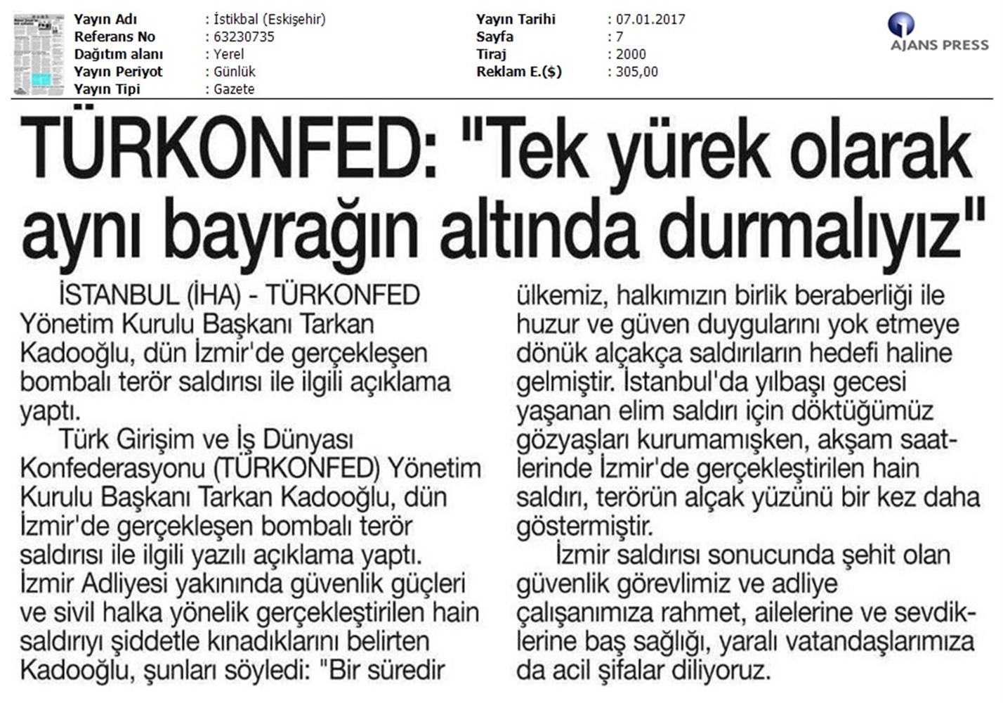 TÜRKONFED Izmir Teror Saldirisi Kinama Mesaji Medya Yansimalari 07012017 - 5