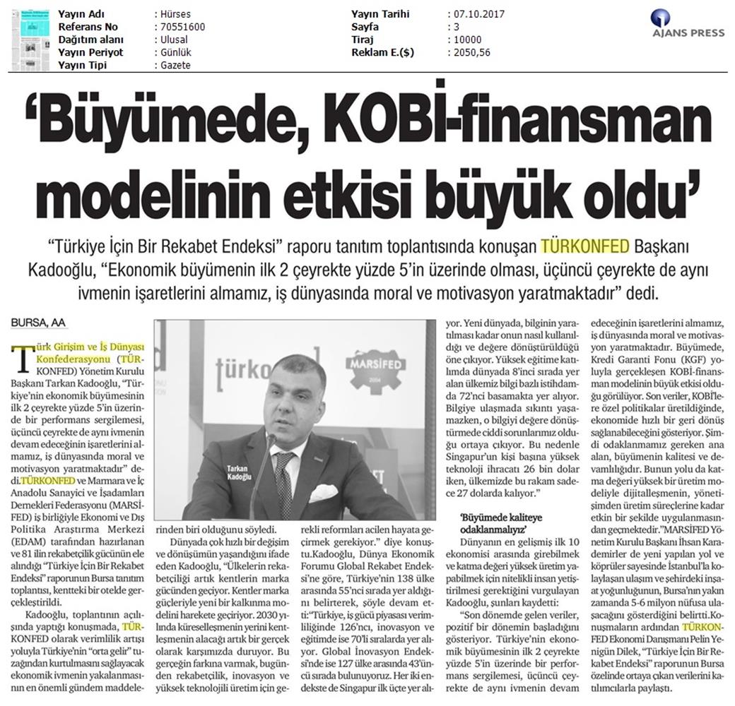 TÜRKONFED Marsifed Türkiye Icin Bir Rekabet Endeksi Raporu Bursa Toplantısı Medya Yansimalari 3 Ekim 2017 - 12