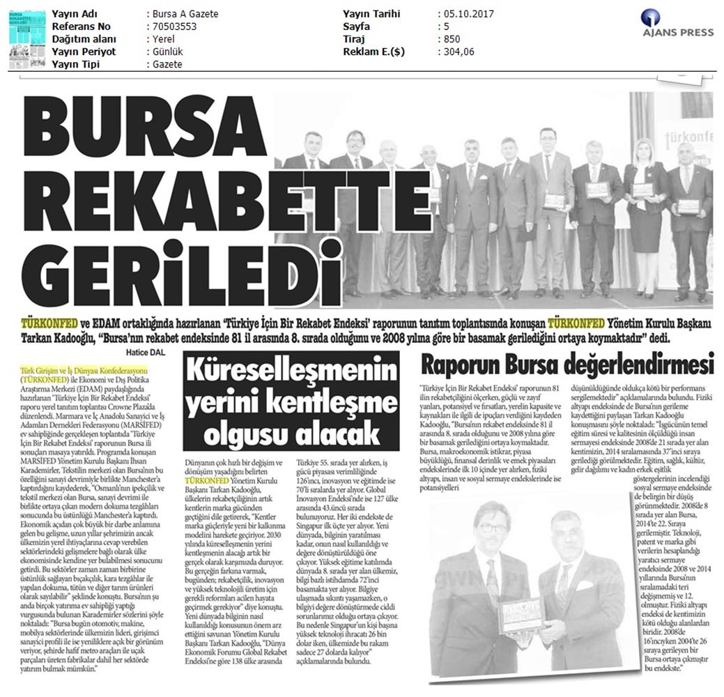 TÜRKONFED Marsifed Türkiye Icin Bir Rekabet Endeksi Raporu Bursa Toplantısı Medya Yansimalari 3 Ekim 2017 - 15