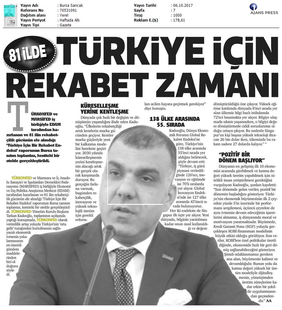 TÜRKONFED Marsifed Türkiye Icin Bir Rekabet Endeksi Raporu Bursa Toplantısı Medya Yansimalari 3 Ekim 2017 - 18