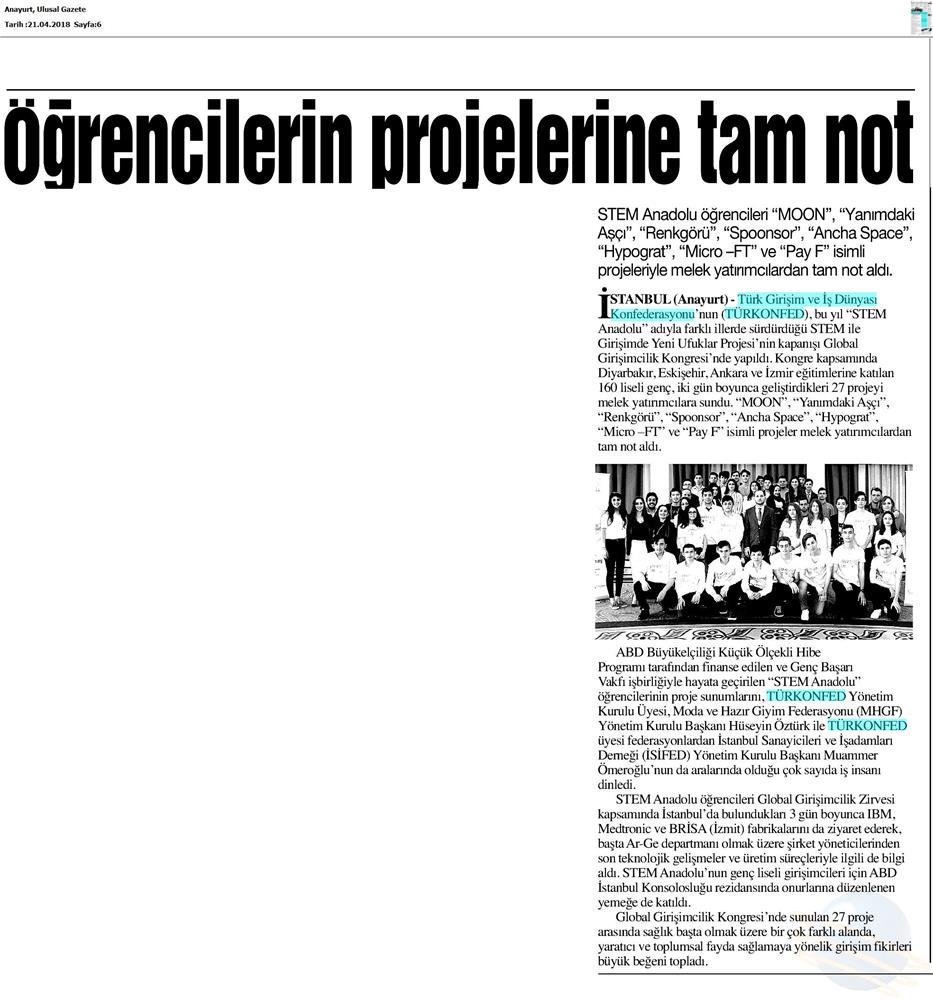 TÜRKONFED STEM Anadolu Global Girişimcilik Kongresi Medya Yansimalari 17 18 Nisan 2018 Istanbul - 6