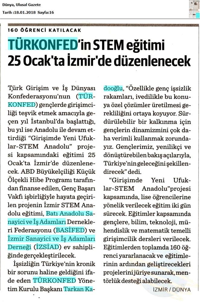 TÜRKONFED STEM Anadolu Izmir Egitimi Medya Yansimalari 27 Ocak 2018 Izmir - 10