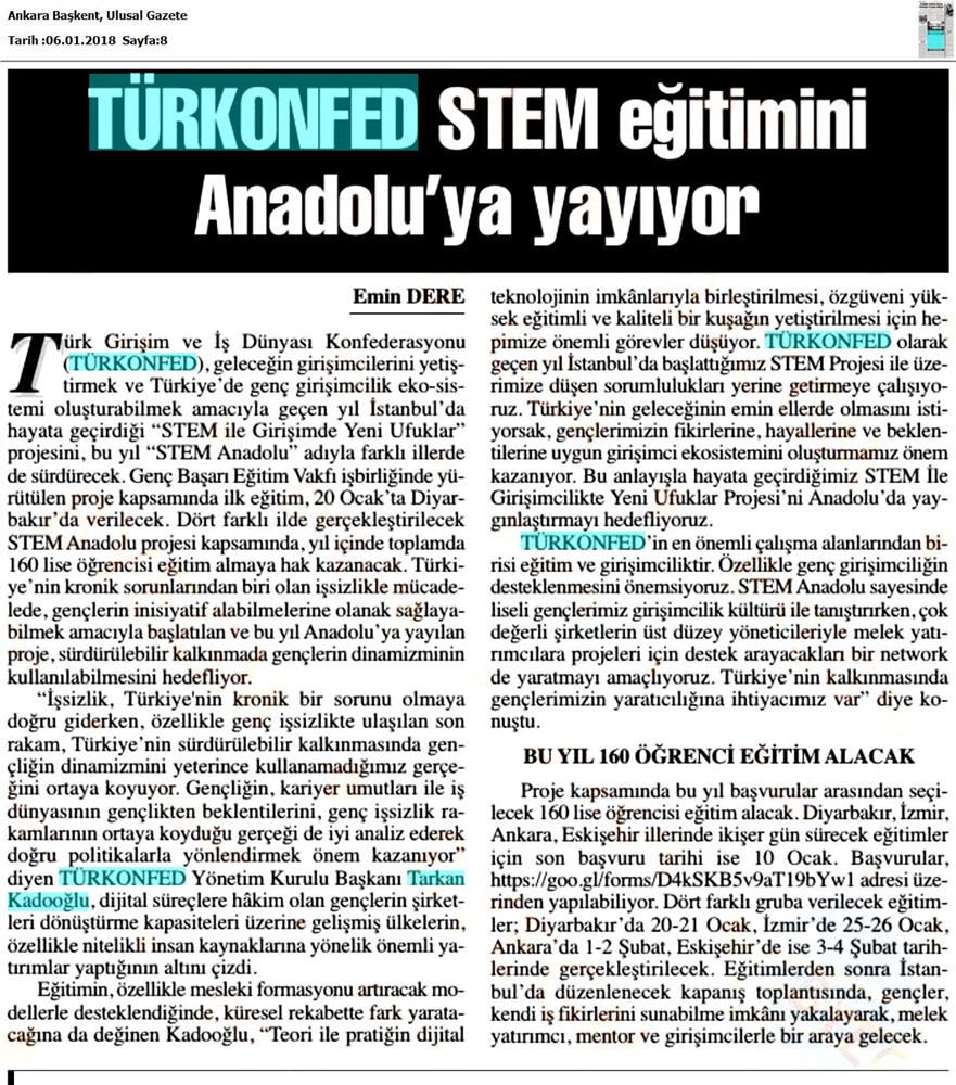 TÜRKONFED STEM Egitimini Anadoluya Yayiyor Medya Yansimalari 6 Ocak 2018 - 28