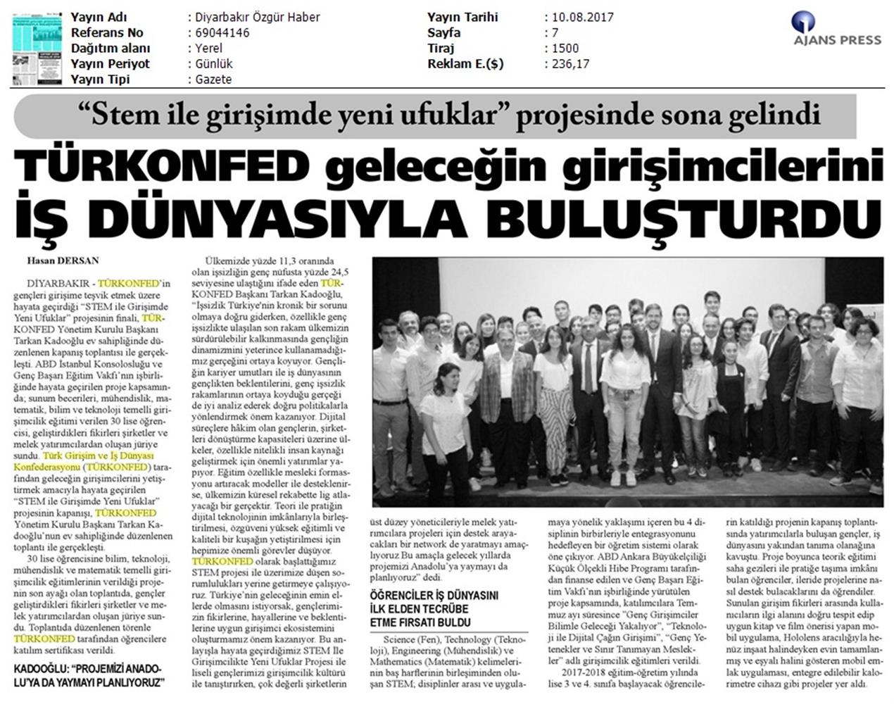 TÜRKONFED STEM Ile Yeni Ufuklar Projesi Kapanis Toplantısı Medya Yansimalari 9 Agustos 2017 - 1