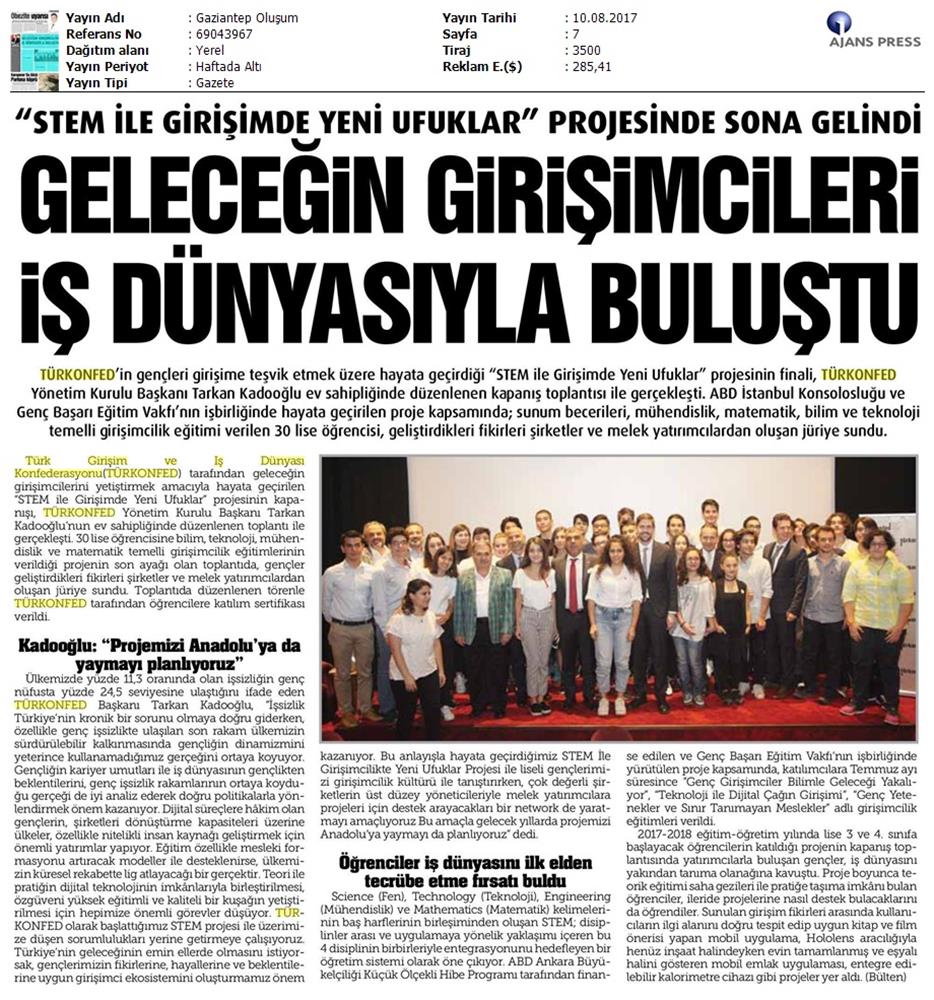 TÜRKONFED STEM Ile Yeni Ufuklar Projesi Kapanis Toplantısı Medya Yansimalari 9 Agustos 2017 - 7