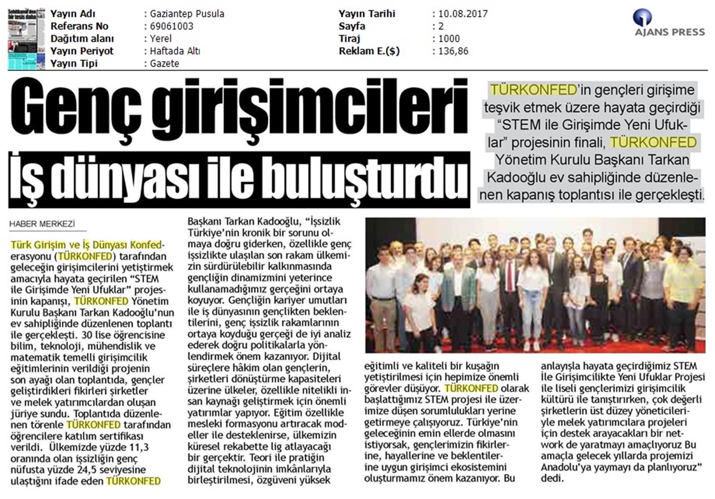 TÜRKONFED STEM Ile Yeni Ufuklar Projesi Kapanis Toplantısı Medya Yansimalari 9 Agustos 2017 - 11