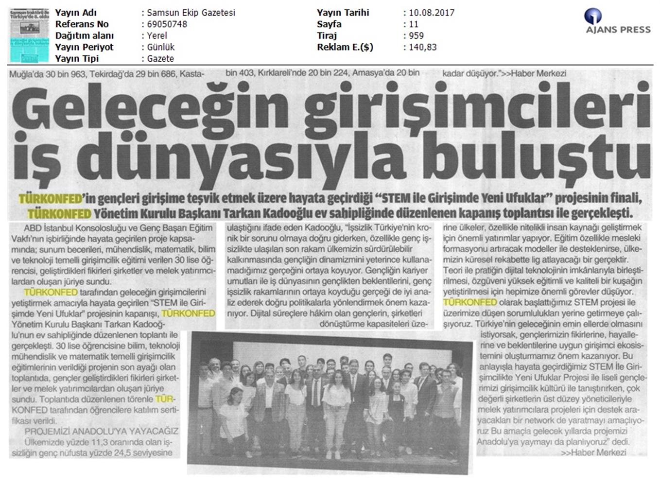 TÜRKONFED STEM Ile Yeni Ufuklar Projesi Kapanis Toplantısı Medya Yansimalari 9 Agustos 2017 - 12