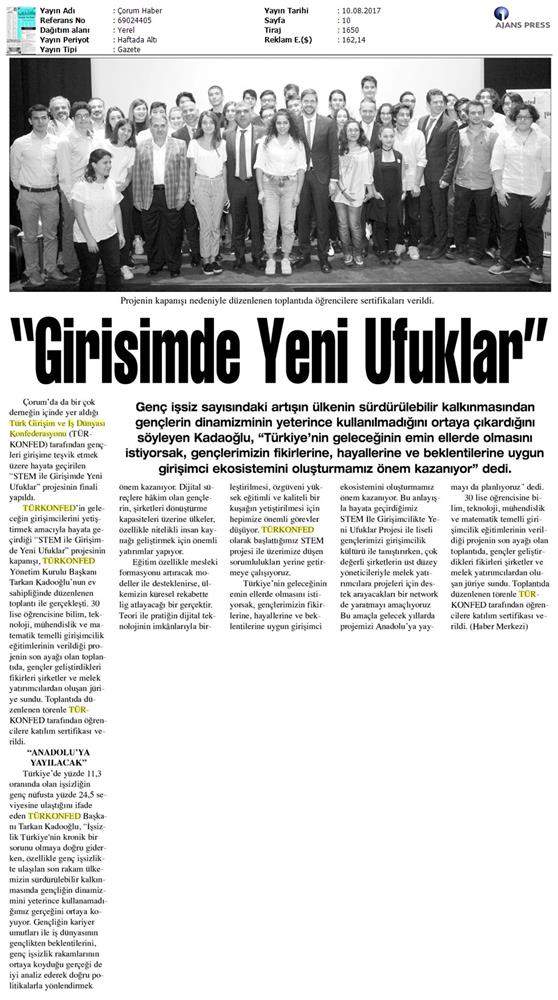 TÜRKONFED STEM Ile Yeni Ufuklar Projesi Kapanis Toplantısı Medya Yansimalari 9 Agustos 2017 - 21