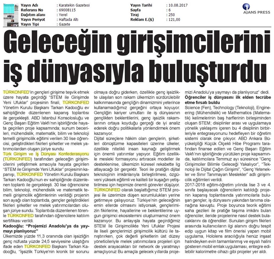 TÜRKONFED STEM Ile Yeni Ufuklar Projesi Kapanis Toplantısı Medya Yansimalari 9 Agustos 2017 - 22