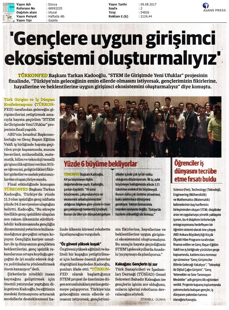 TÜRKONFED STEM Ile Yeni Ufuklar Projesi Kapanis Toplantısı Medya Yansimalari 9 Agustos 2017 - 23