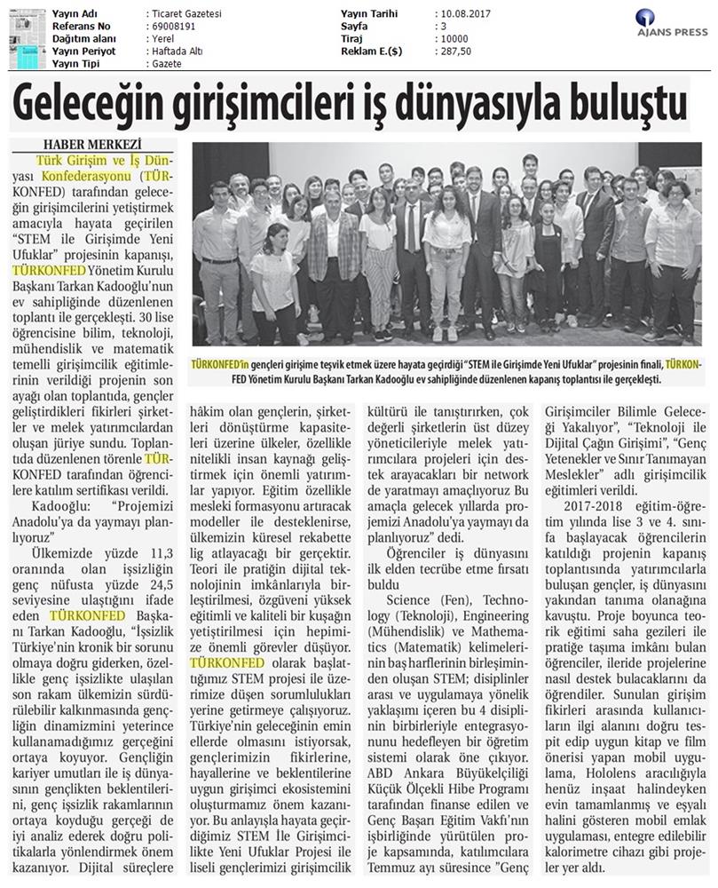 TÜRKONFED STEM Ile Yeni Ufuklar Projesi Kapanis Toplantısı Medya Yansimalari 9 Agustos 2017 - 24