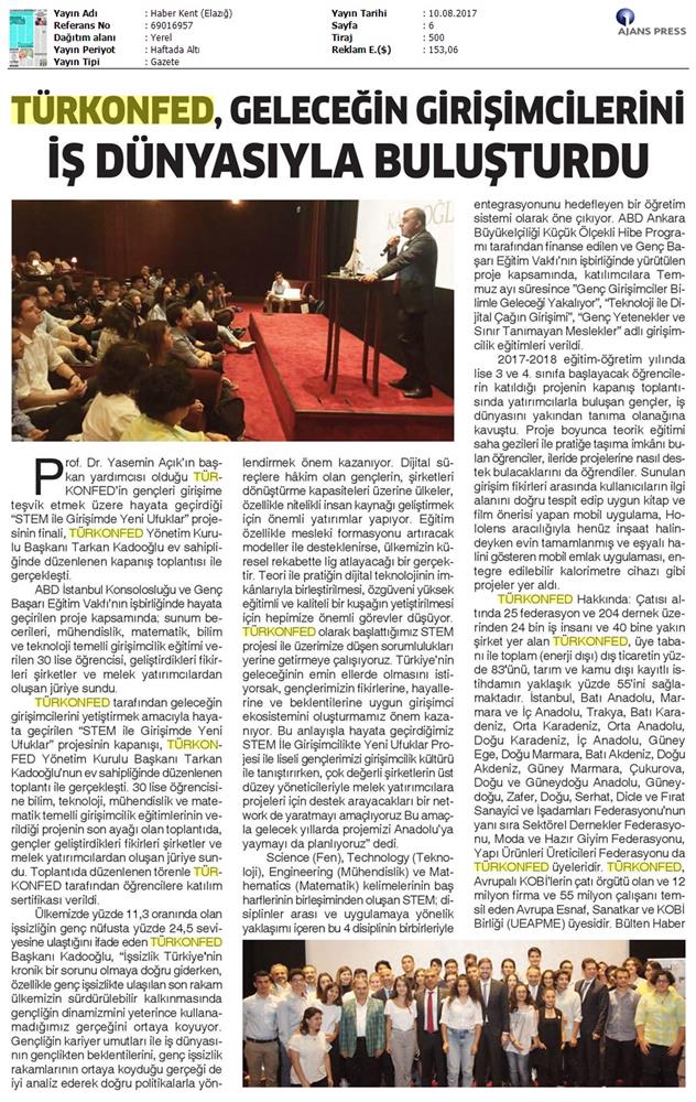 TÜRKONFED STEM Ile Yeni Ufuklar Projesi Kapanis Toplantısı Medya Yansimalari 9 Agustos 2017 - 28