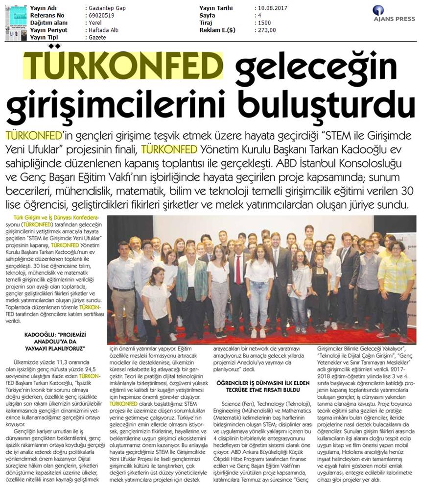 TÜRKONFED STEM Ile Yeni Ufuklar Projesi Kapanis Toplantısı Medya Yansimalari 9 Agustos 2017 - 30