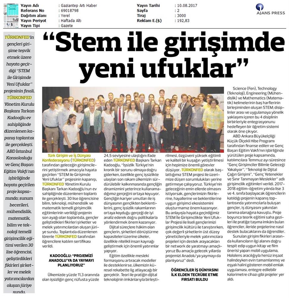 TÜRKONFED STEM Ile Yeni Ufuklar Projesi Kapanis Toplantısı Medya Yansimalari 9 Agustos 2017 - 38