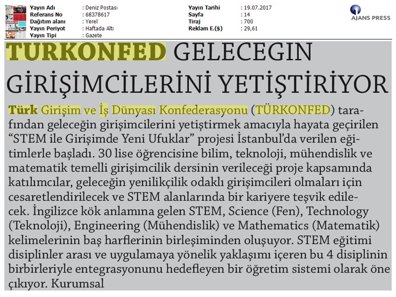 TÜRKONFED STEM Ile Yeni Ufuklar Projesi Medya Yansimalari 19 Temmuz 2017 - 1