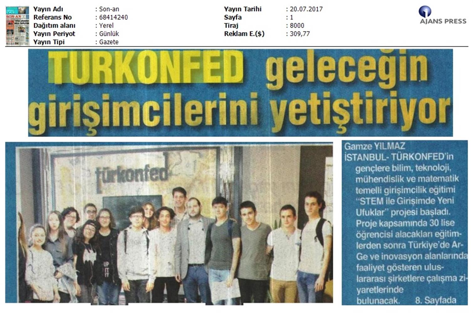 TÜRKONFED STEM Ile Yeni Ufuklar Projesi Medya Yansimalari 19 Temmuz 2017 - 2