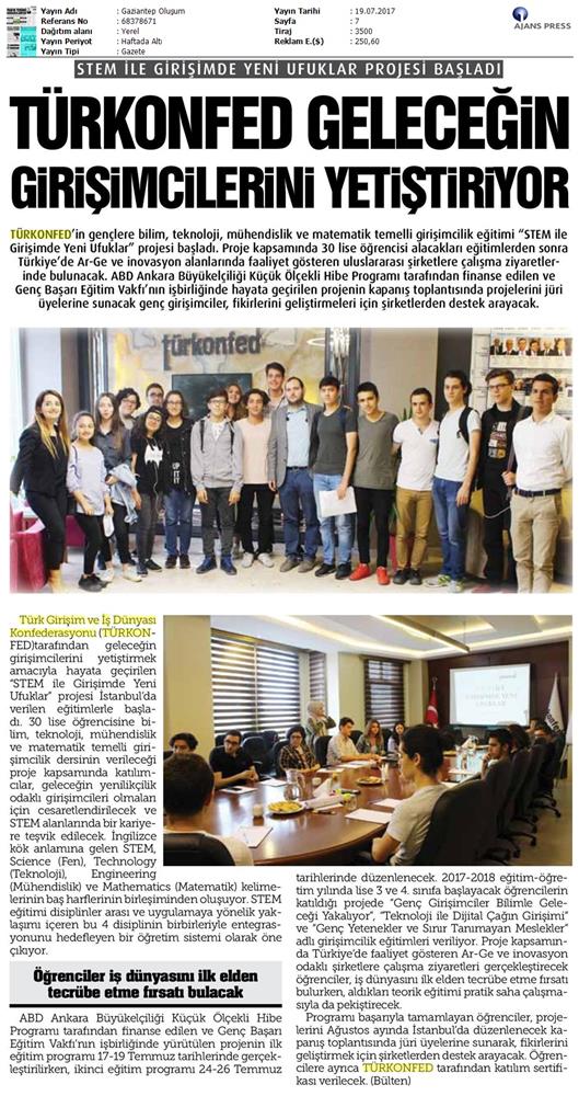 TÜRKONFED STEM Ile Yeni Ufuklar Projesi Medya Yansimalari 19 Temmuz 2017 - 5