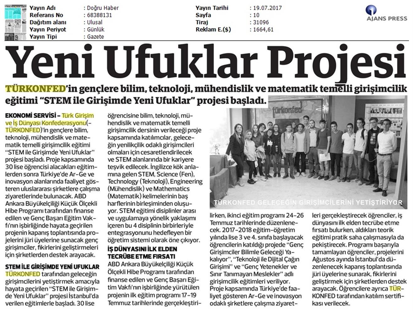 TÜRKONFED STEM Ile Yeni Ufuklar Projesi Medya Yansimalari 19 Temmuz 2017 - 7