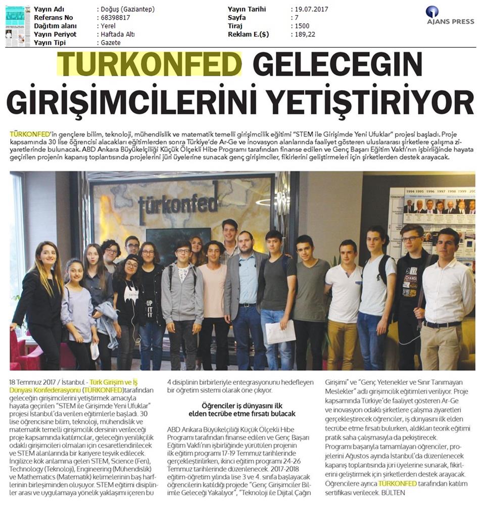 TÜRKONFED STEM Ile Yeni Ufuklar Projesi Medya Yansimalari 19 Temmuz 2017 - 10