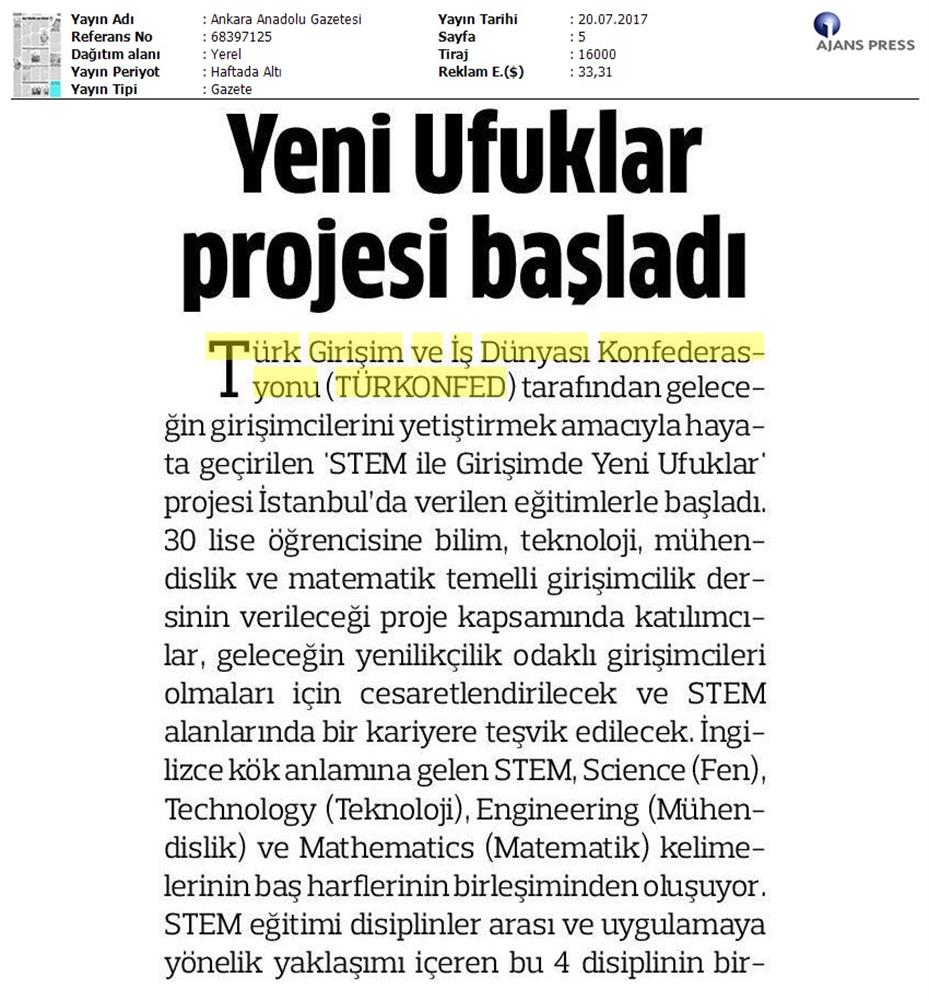 TÜRKONFED STEM Ile Yeni Ufuklar Projesi Medya Yansimalari 19 Temmuz 2017 - 12