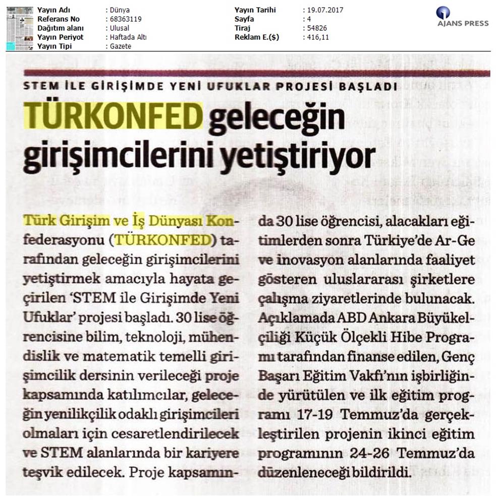 TÜRKONFED STEM Ile Yeni Ufuklar Projesi Medya Yansimalari 19 Temmuz 2017 - 15