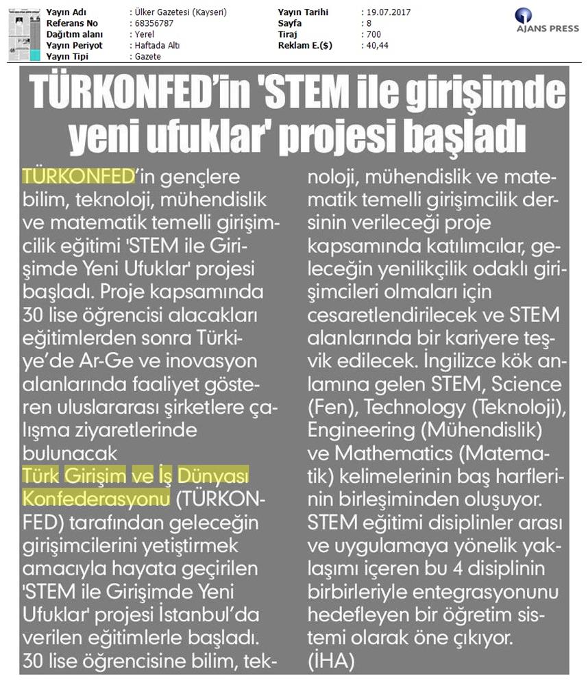 TÜRKONFED STEM Ile Yeni Ufuklar Projesi Medya Yansimalari 19 Temmuz 2017 - 21