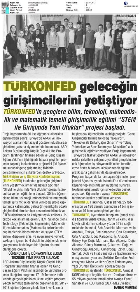 TÜRKONFED STEM Ile Yeni Ufuklar Projesi Medya Yansimalari 19 Temmuz 2017 - 22