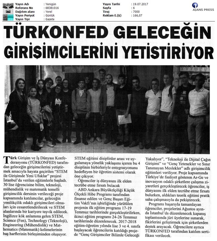 TÜRKONFED STEM Ile Yeni Ufuklar Projesi Medya Yansimalari 19 Temmuz 2017 - 32