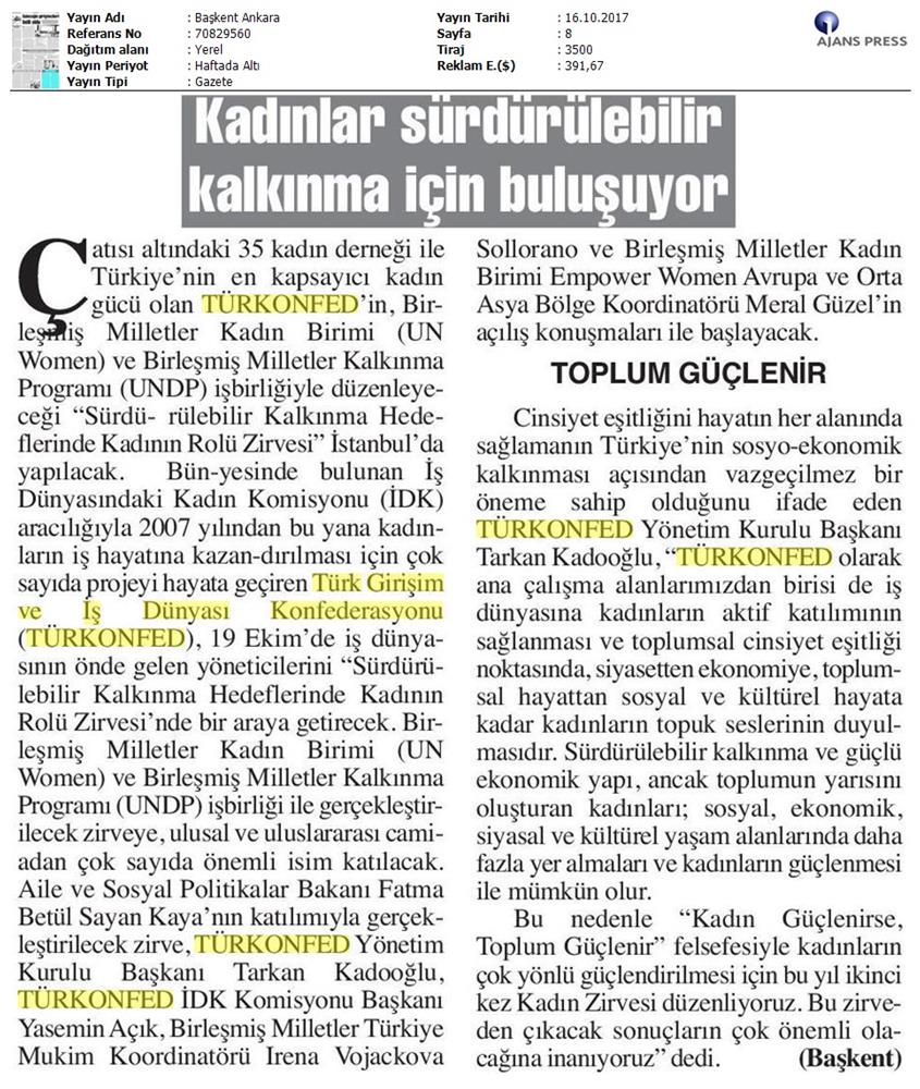 TÜRKONFED Surdurulebilir Kalkinma Hedeflerinde Kadinin Rolu Zirvesi On Medya Yansimalari 16 17 Ekim 2017 - 5