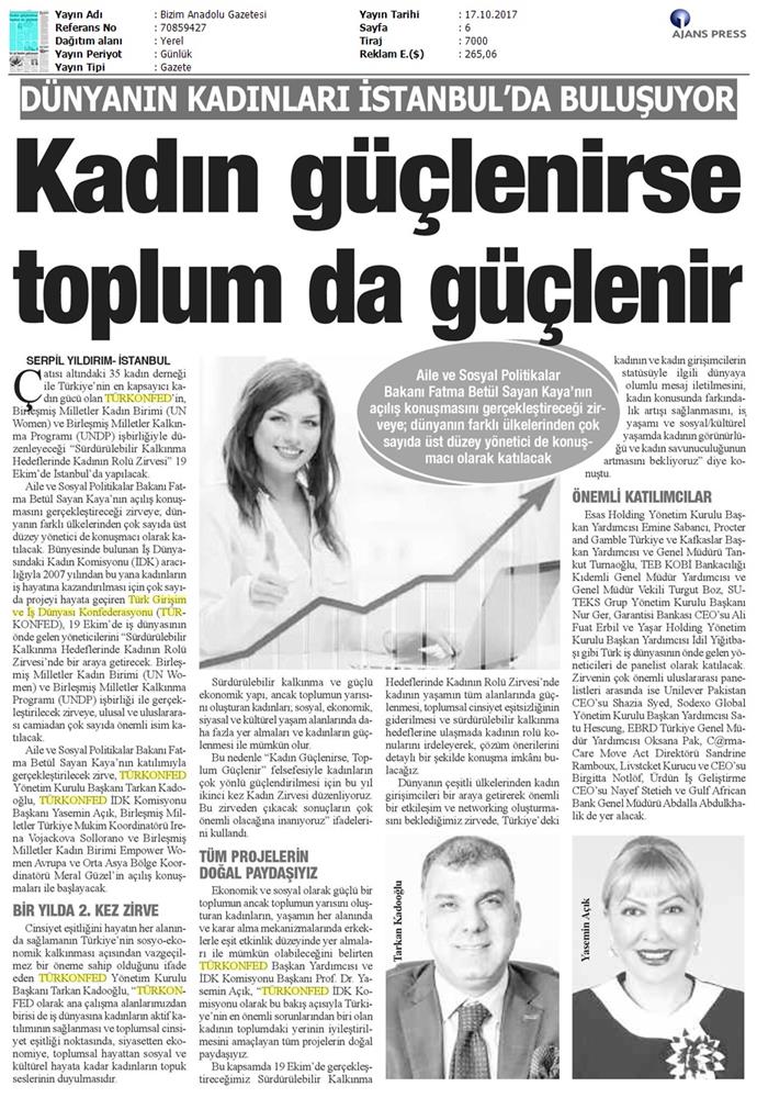 TÜRKONFED Surdurulebilir Kalkinma Hedeflerinde Kadinin Rolu Zirvesi On Medya Yansimalari 16 17 Ekim 2017 - 8