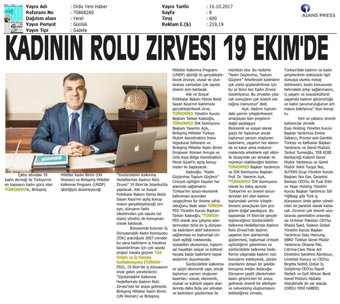 TÜRKONFED Surdurulebilir Kalkinma Hedeflerinde Kadinin Rolu Zirvesi On Medya Yansimalari 16 17 Ekim 2017 - 16