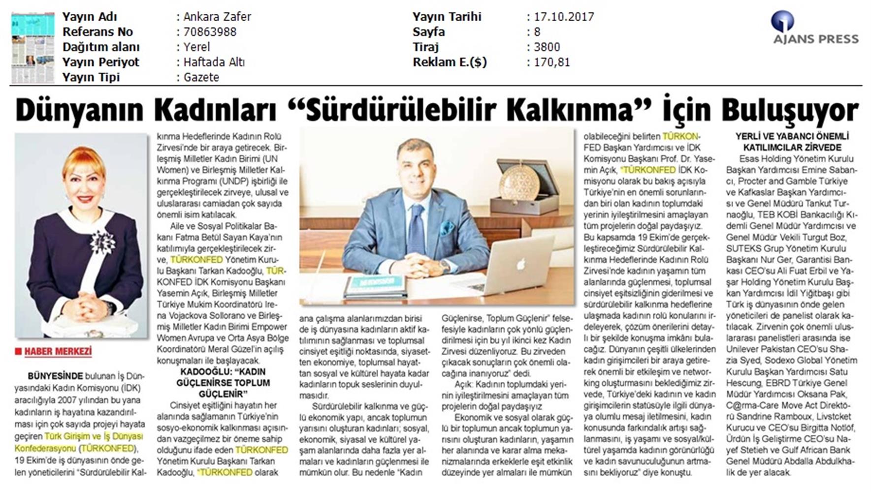 TÜRKONFED Surdurulebilir Kalkinma Hedeflerinde Kadinin Rolu Zirvesi On Medya Yansimalari 16 17 Ekim 2017 - 18