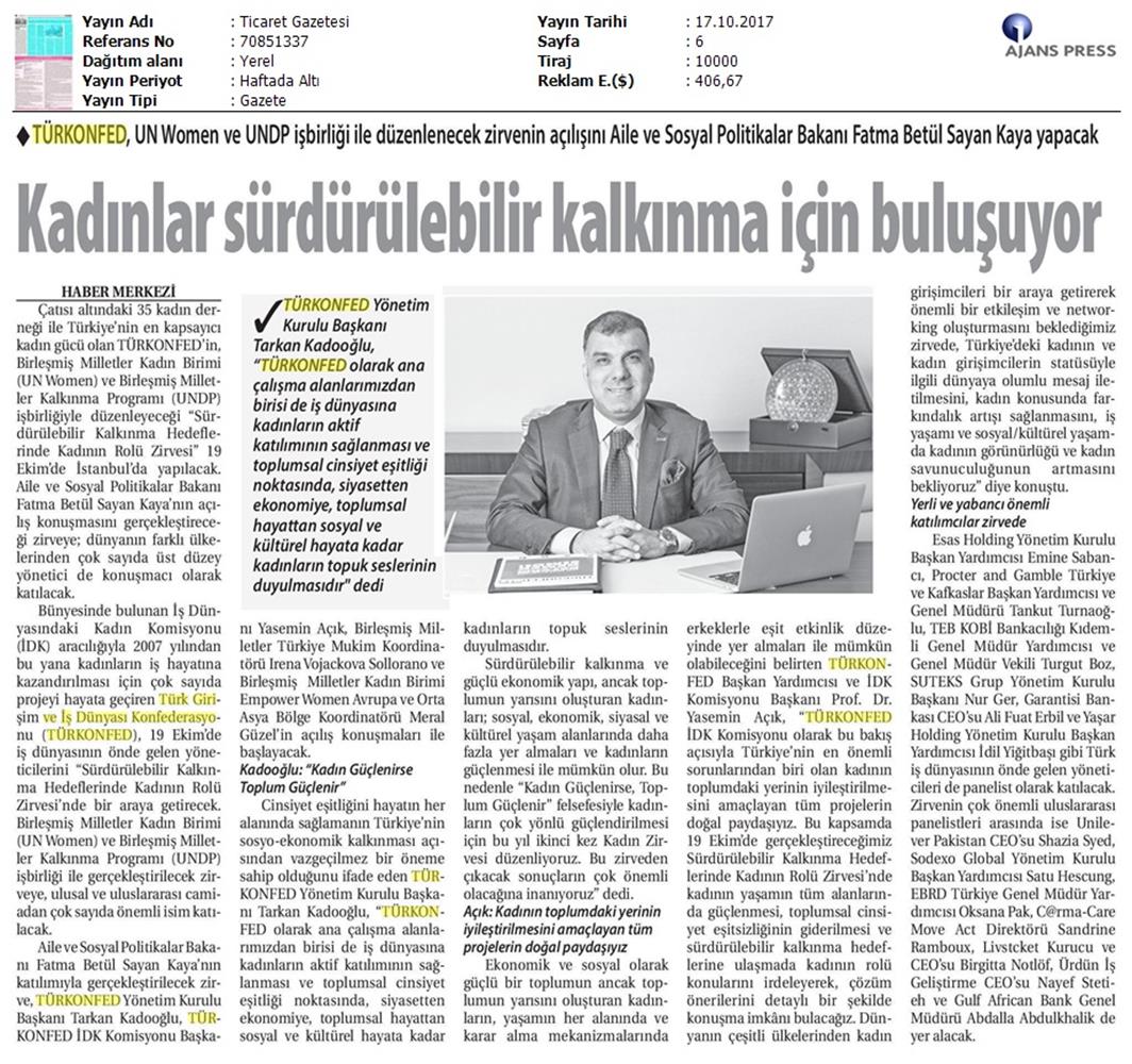 TÜRKONFED Surdurulebilir Kalkinma Hedeflerinde Kadinin Rolu Zirvesi On Medya Yansimalari 16 17 Ekim 2017 - 22