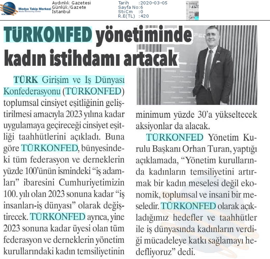 TÜRKONFED Toplumsal Cinsiyet Esitligi Taahhudu Medya Yansimalari 4 Mart 2020 - 10