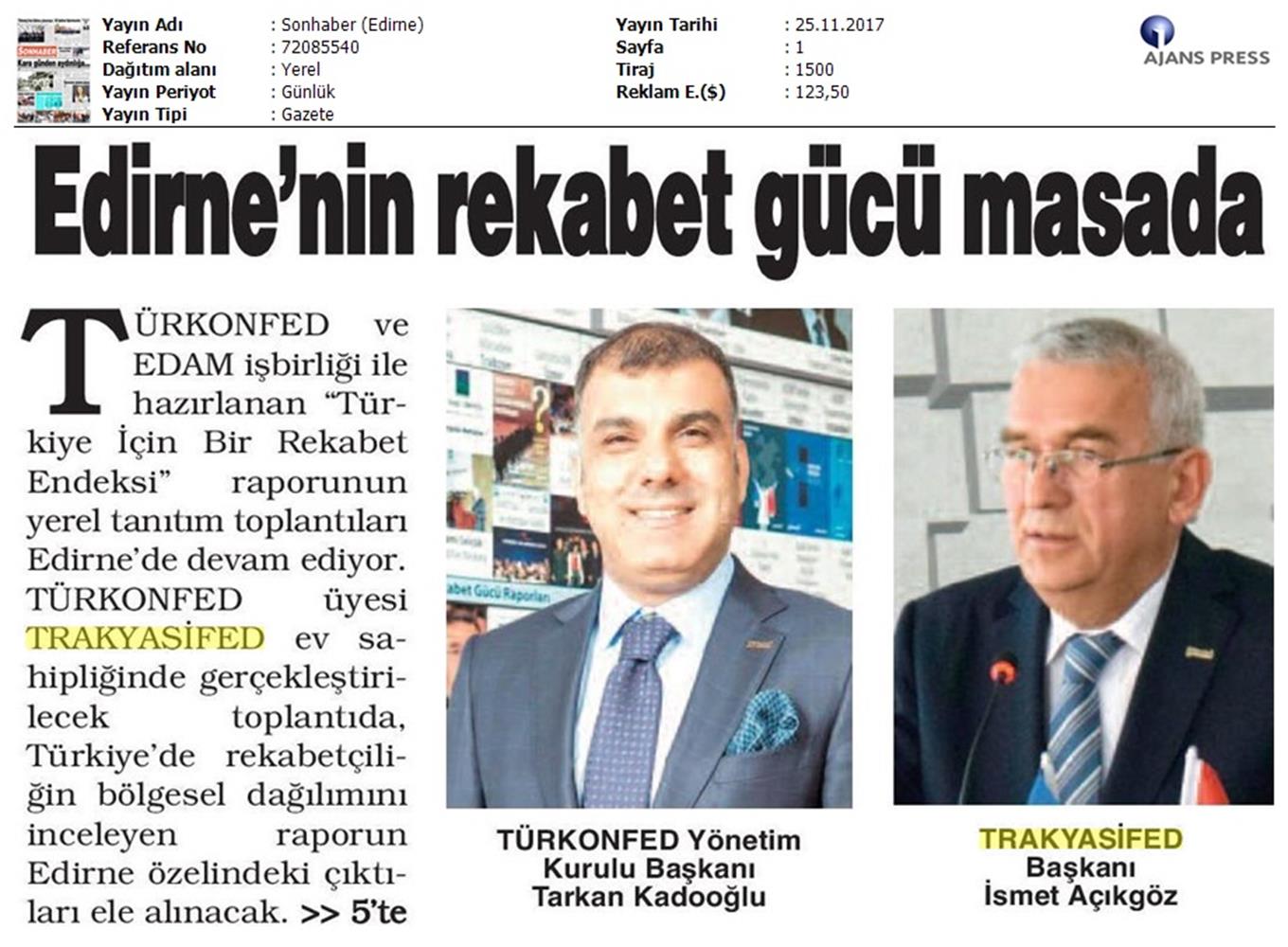 TÜRKONFED Trakyasifed Edirne Rekabet Endeksi Toplantısı Medya Yansimalari 28 Kasim 2017 - 2