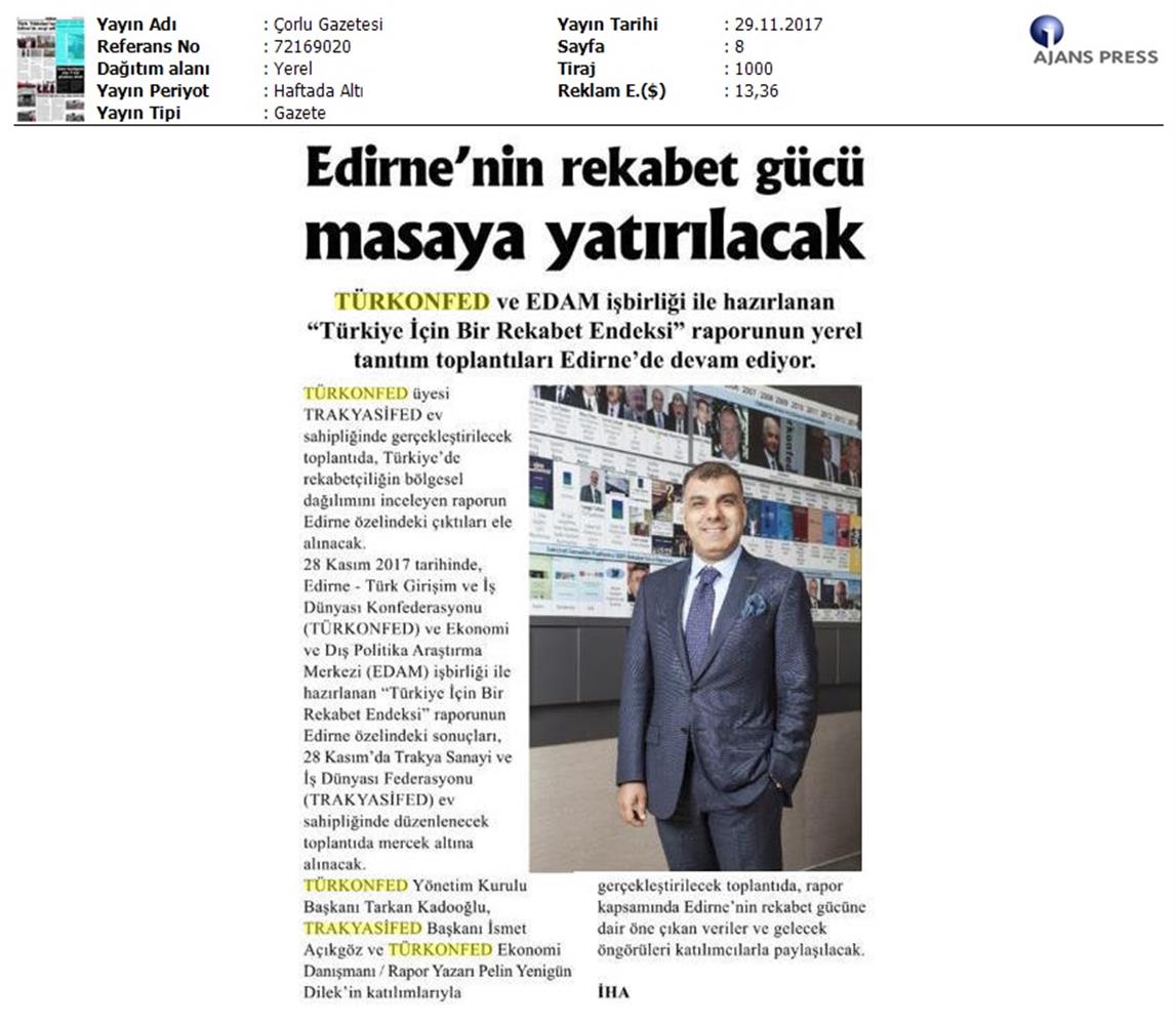 TÜRKONFED Trakyasifed Edirne Rekabet Endeksi Toplantısı Medya Yansimalari 28 Kasim 2017 - 5