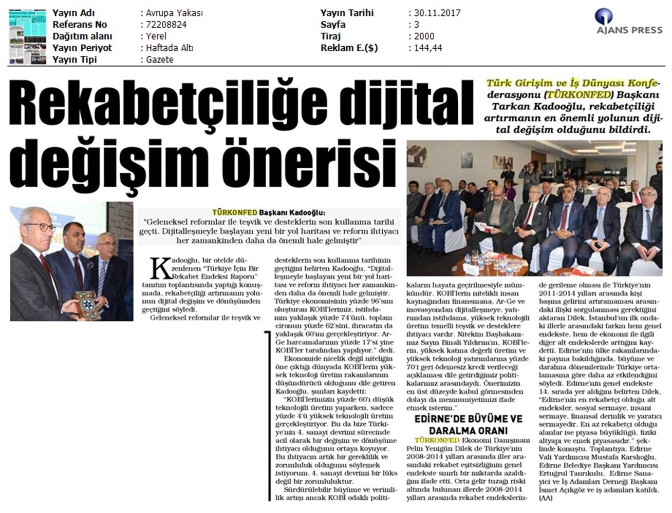 TÜRKONFED Trakyasifed Edirne Rekabet Endeksi Toplantısı Medya Yansimalari 28 Kasim 2017 - 11