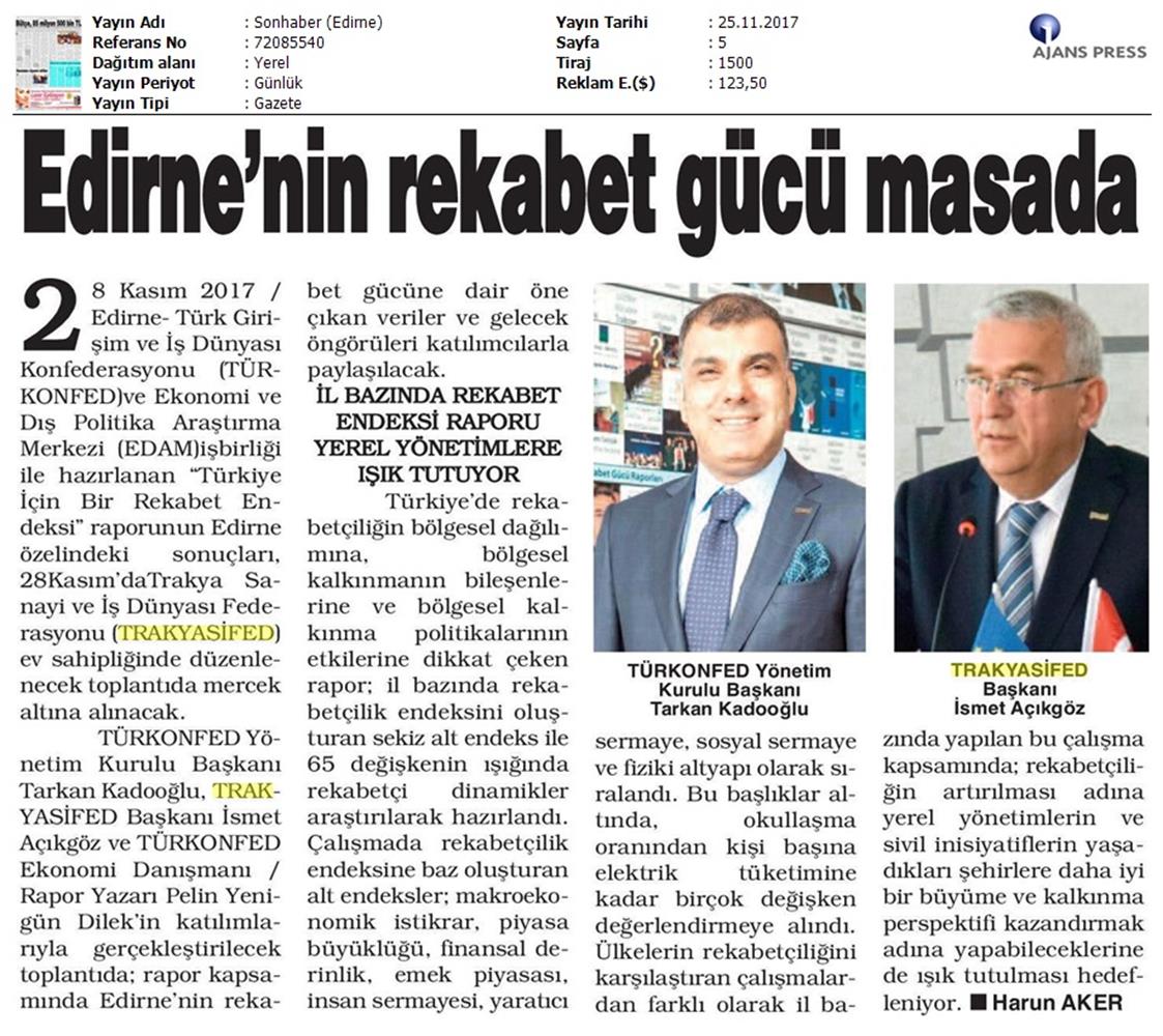 TÜRKONFED Trakyasifed Edirne Rekabet Endeksi Toplantısı Medya Yansimalari 28 Kasim 2017 - 15