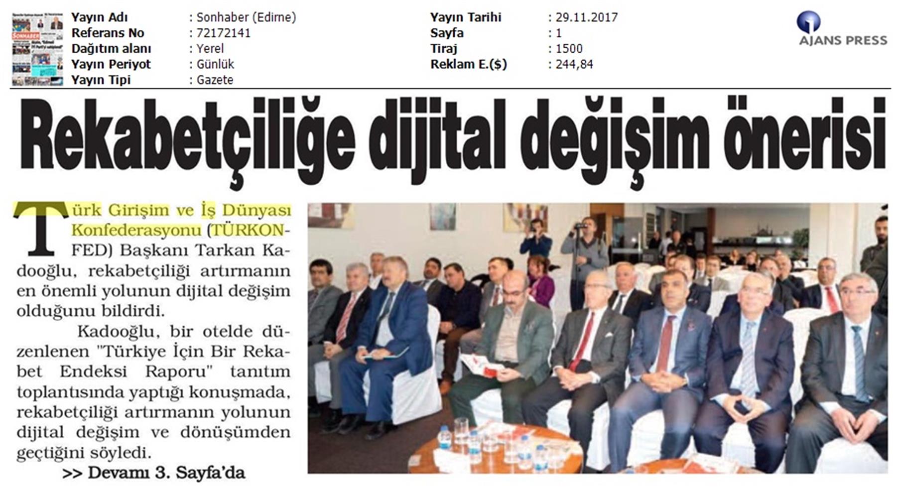 TÜRKONFED Trakyasifed Edirne Rekabet Endeksi Toplantısı Medya Yansimalari 28 Kasim 2017 - 16