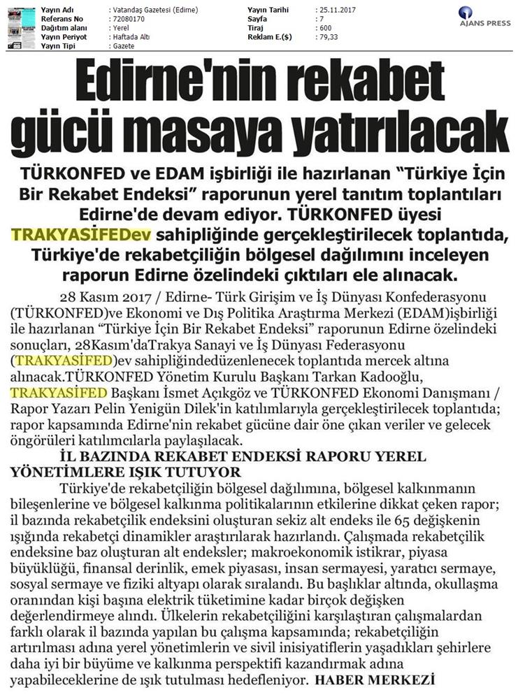TÜRKONFED Trakyasifed Edirne Rekabet Endeksi Toplantısı Medya Yansimalari 28 Kasim 2017 - 19