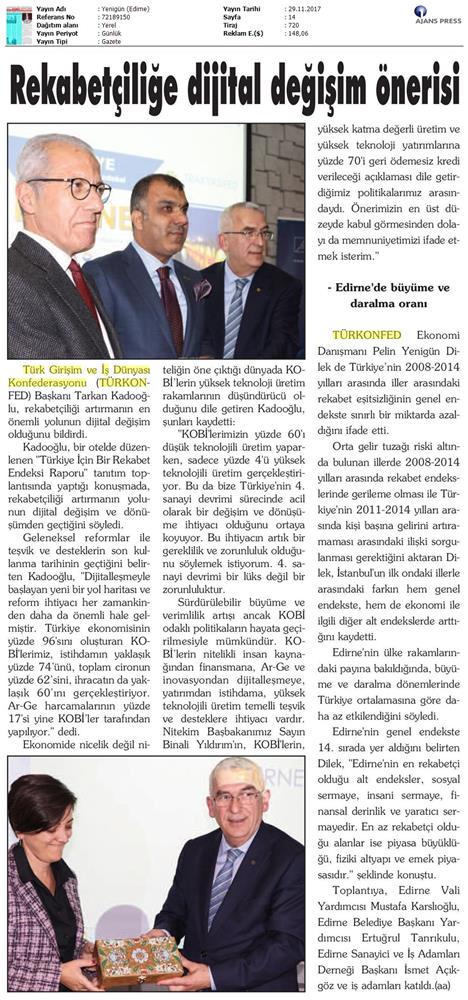 TÜRKONFED Trakyasifed Edirne Rekabet Endeksi Toplantısı Medya Yansimalari 28 Kasim 2017 - 25
