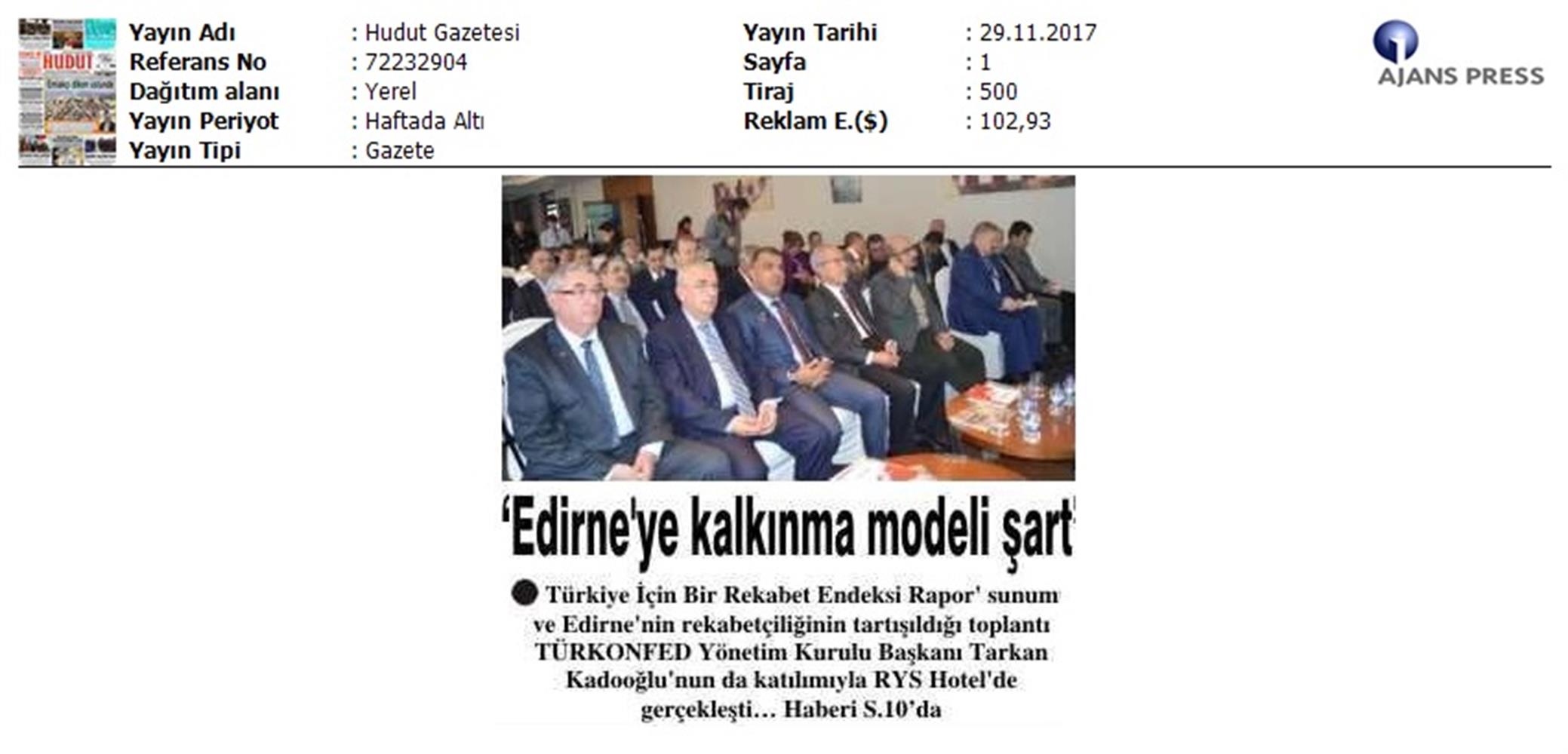 TÜRKONFED Trakyasifed Edirne Rekabet Endeksi Toplantısı Medya Yansimalari 28 Kasim 2017 - 26